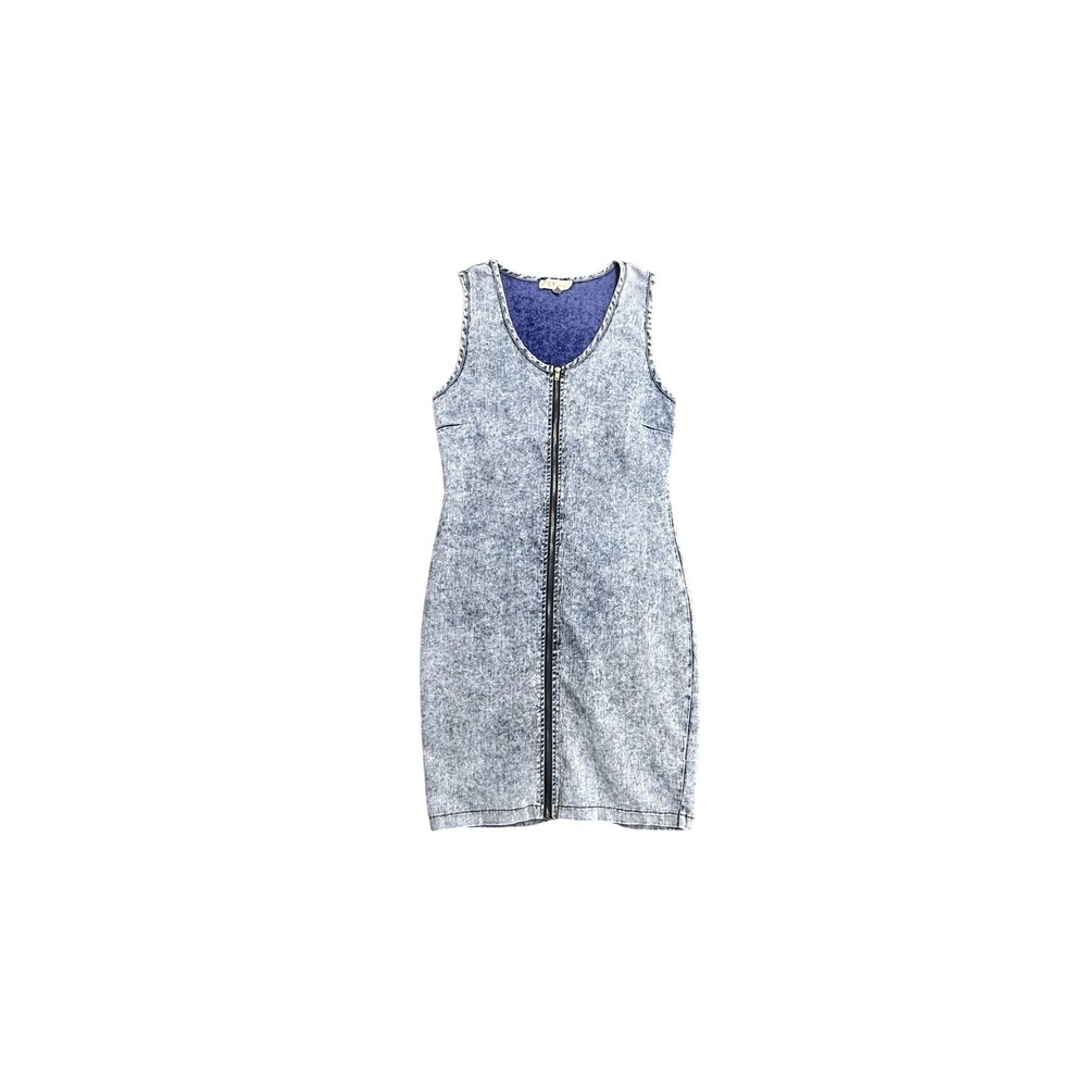 ICY Fashion Dress Womens Large Blue Acid Wash Denim Tank‎ Bodycon Zip Mini